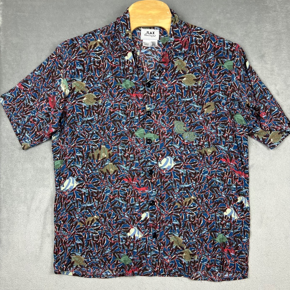 FLAX Jeanne Engelhart Mens Large Rayon Tropical Fish Coral Button Down Shirt VTG